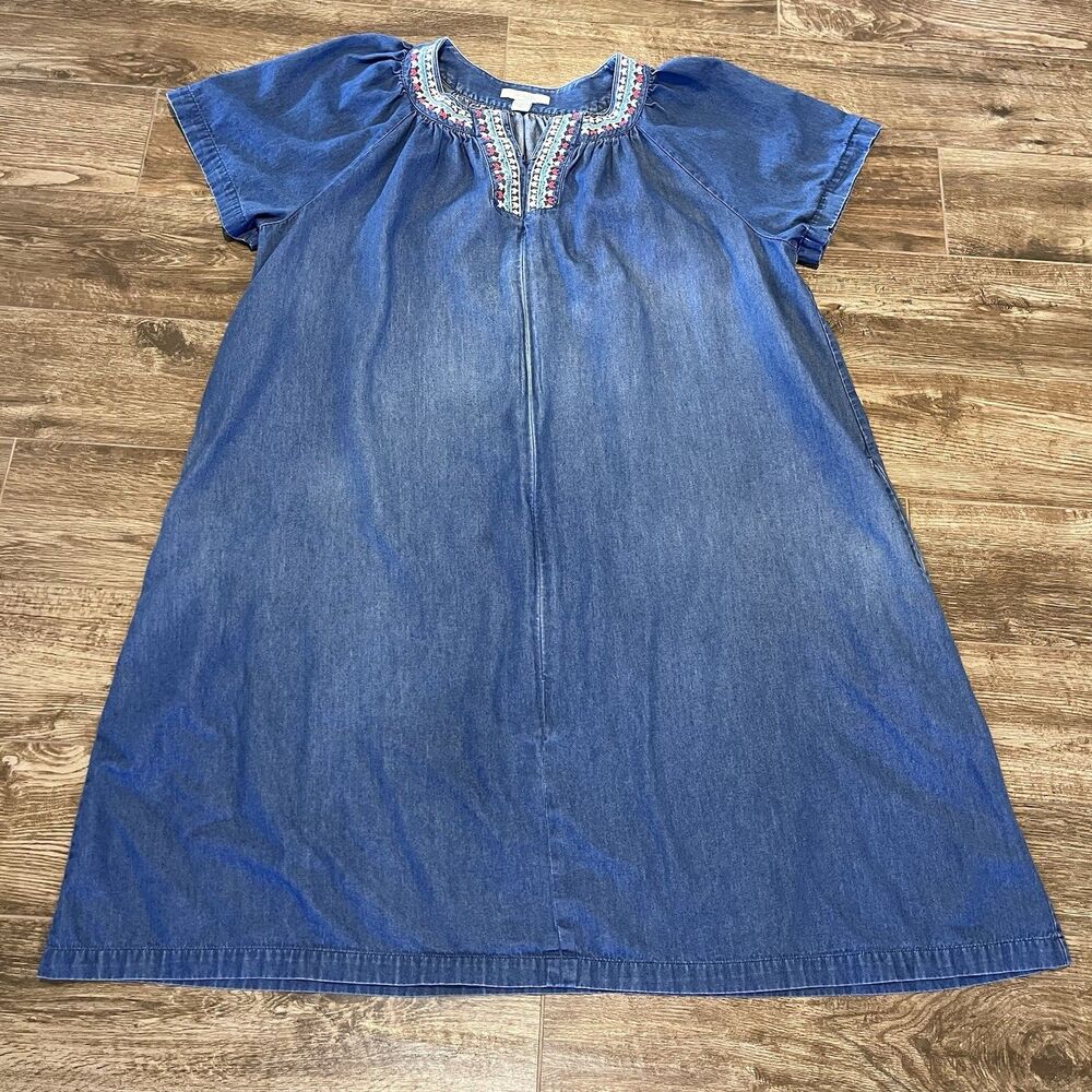 Go Softly Dress XL Embroidered Floral Short Sleeve Zip-Front Denim Patio Mumu